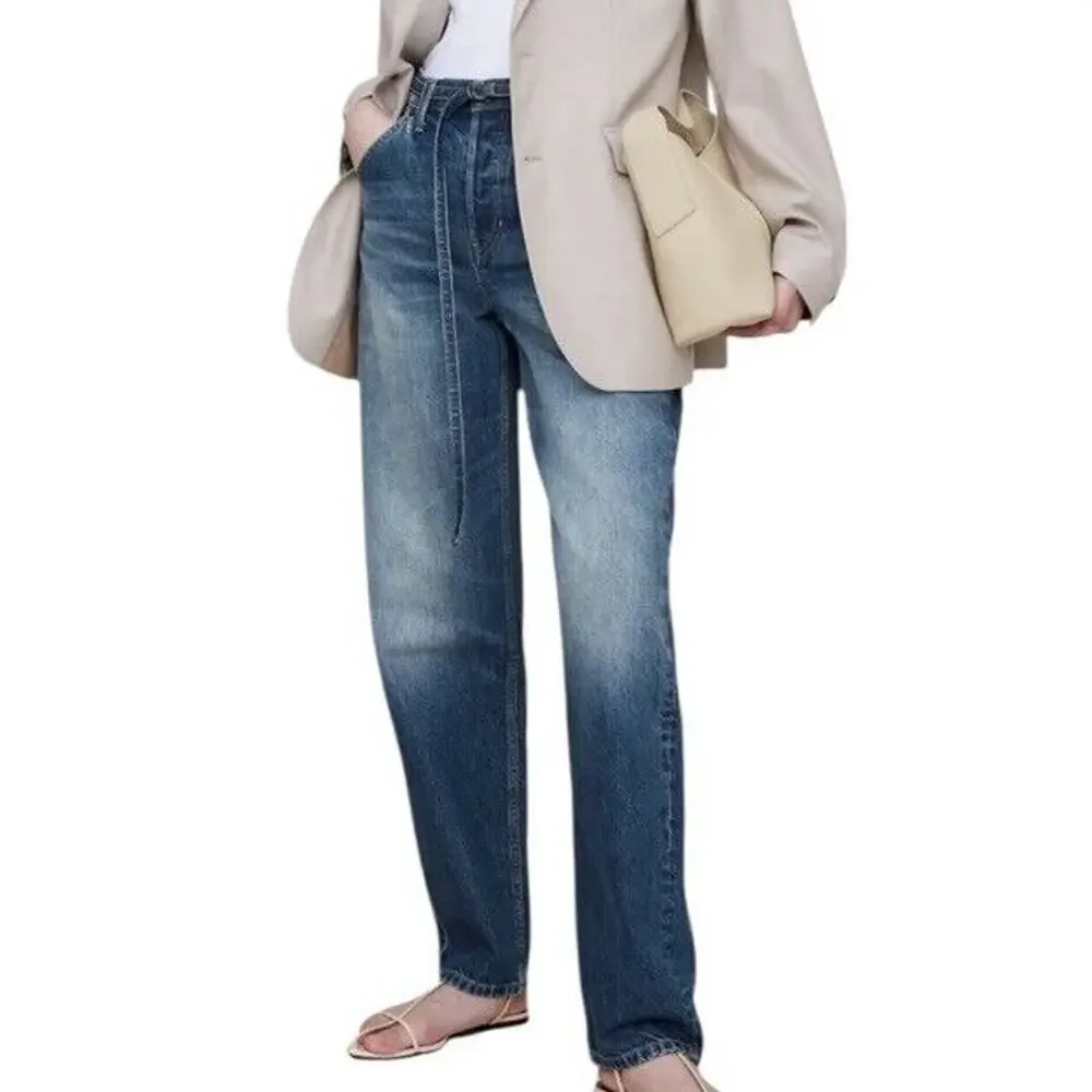 Banana Republic High Rise Rigid Bow Jeans 31 Blue‎ Horseshoe Barrel Leg NO BELT - Picture 2 of 16